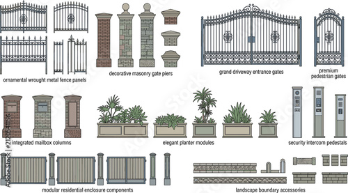 Set of residential boundary and landscape architectural design illustrations