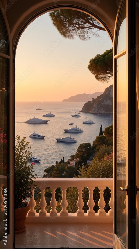 Obraz premium View from elegant villa balcony arch at Capri island during golden hour sunset. Yachts float on calm sea, warm light on coastal landscape. Luxury travel vacation scene.