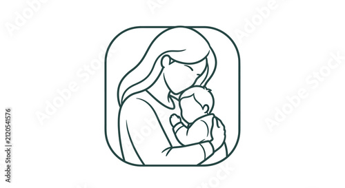 A simple line art illustration of a mother holding her baby