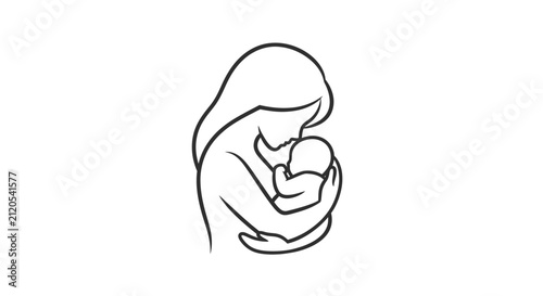 A simple line drawing of a mother holding her small baby