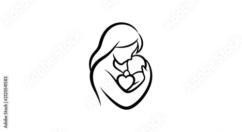 A simple line drawing of a mother holding her small baby