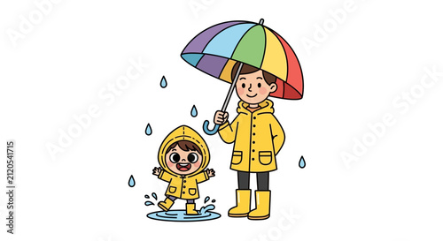 Two happy children play in the rain with a colorful umbrella