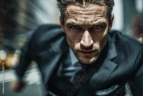 Businessman in a suit running toward the camera with a focused expression. Dynamic commercial portrait with motion blur background