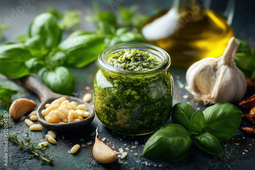 Fresh basil pesto in a glass jar surrounded by basil leaves, garlic, parmesan cheese, pine nuts and olive oil. Clean commercial food photography