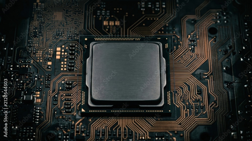 Fototapeta premium Central processor unit on motherboard with detailed circuit lines