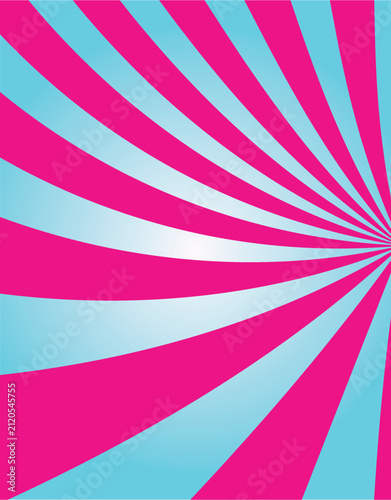 Pink and blue pop art swirl background with gradient twisted rays and right off-center sunburst, vector illustration for retro comic posters and banners.
