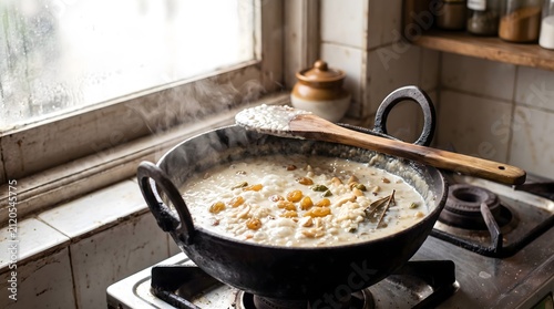 Traditional Indian rice pudding known as payesh simmers in a rustic iron pan with raisins and cashews.