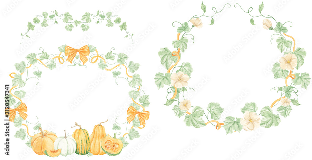 Fototapeta premium Hand drawn pumpkin. Watercolor autumn harvest of pumpkins. Watercolor texture. Autumn. Thanksgiving. Pumpkin compositions, arrangements, frames.