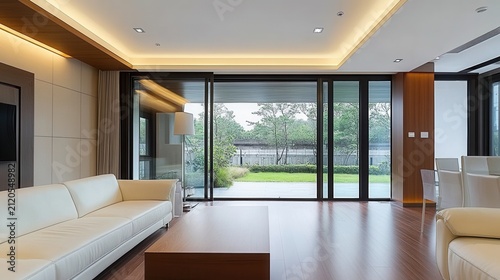 Modern living room with large glass doors overlooking a garden
