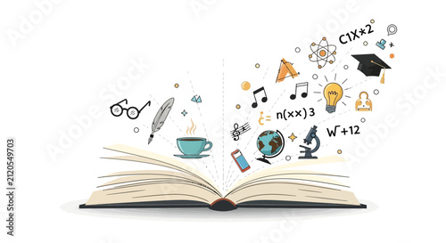 An open book displays various icons of knowledge and learning