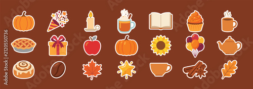 Set of cute autumn season themed stickers featuring pumpkins leaves and hot beverages on a brown background white background and color black stickers white background and color black