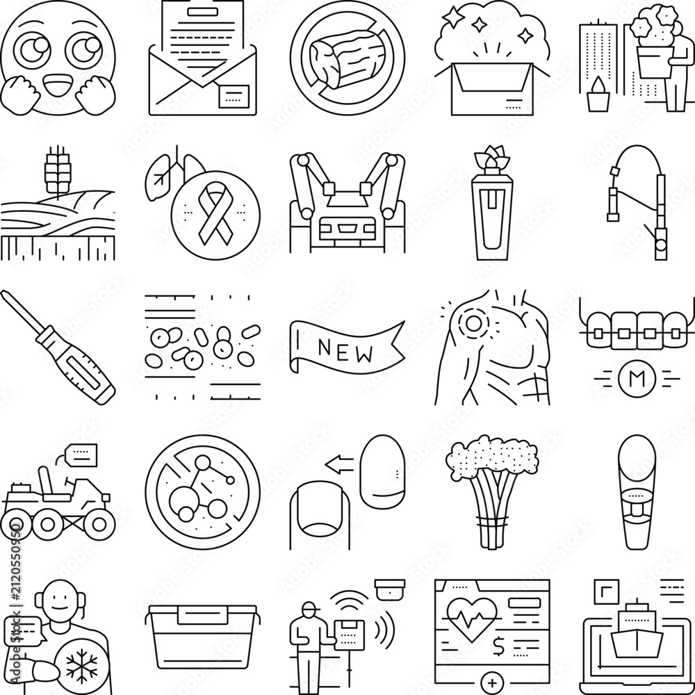 Fototapeta premium Collection of outline icons illustrating a broad range of concepts, including technology, medical, business, agriculture, education, and social issues, useful for website or app design