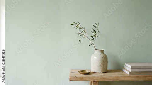 White vase with a plant branch, green pastel wall