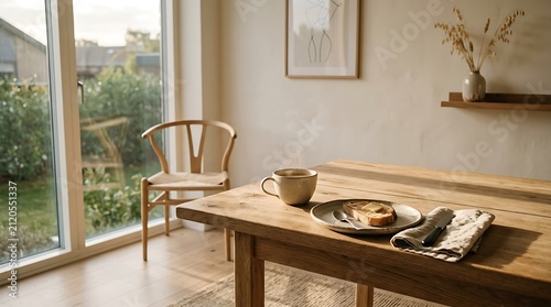 Bread, butter, dining table, chair, window, painting, Scandinavian style room