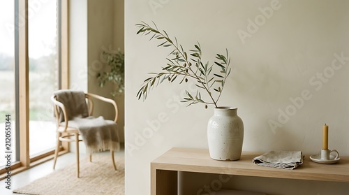 Vase, wall, plant, table, armchair, window, Scandinavian style