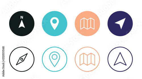 Navigation icons featuring map markers, compass needles, and folding map symbols are displayed in a clean modern design set. These interface elements provide clear visual cues for digital maps.