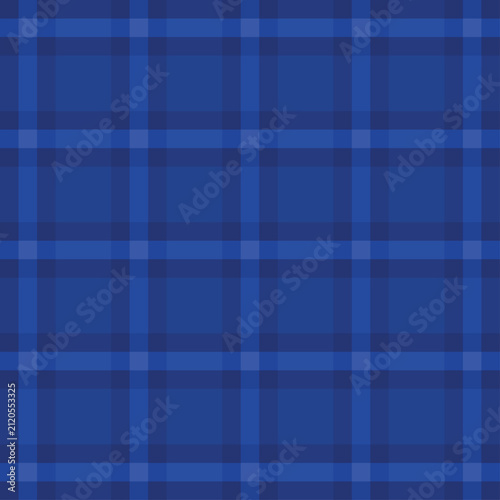Seamless tartan plaid checkered pattern in royal blue, dark navy and light blue. Flat vector abstract background for men fashion, athletic apparel fabric print, suit lining, minimal wallpaper.