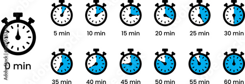 Stopwatch Timer Icons Set – Minute Progress Clock Vector Collection