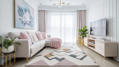 Modern living room with a sectional sofa,TV stand,and abstract art.