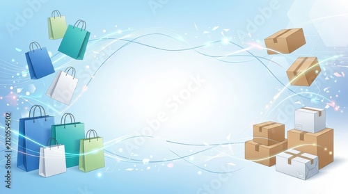 Shopping bags and delivery boxes on blue omnichannel retail banner