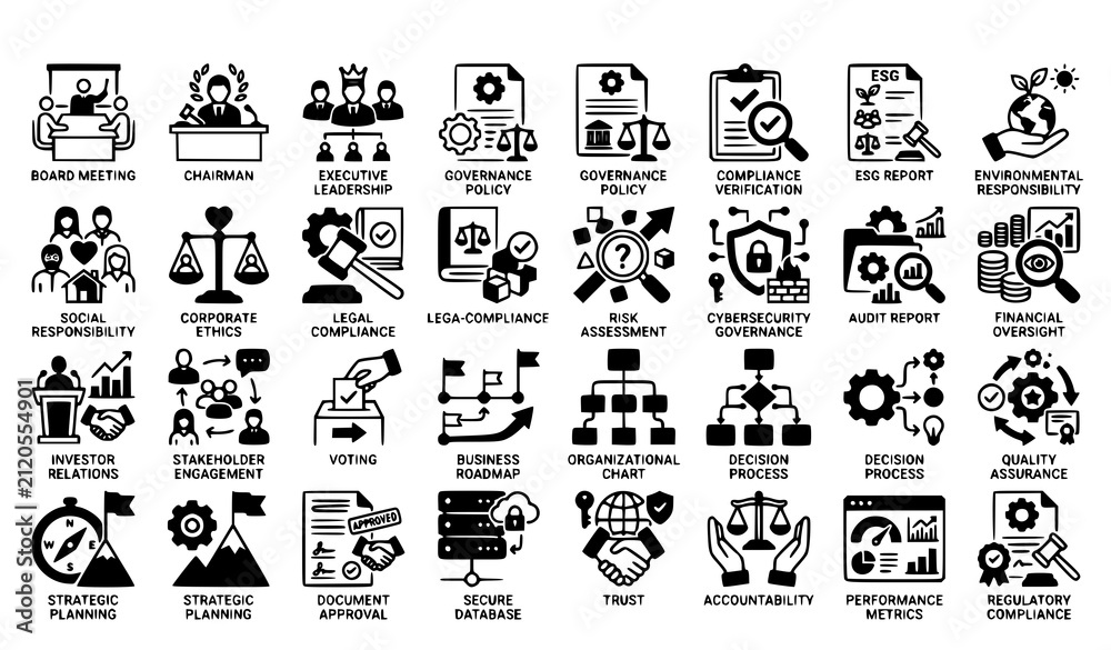 Obraz premium Corporate Governance and ESG Outline Icons with Editable Stroke for Compliance Risk Management and Executive Leadership