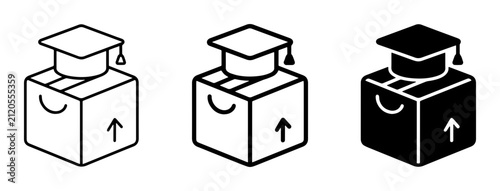 Graduation Cap on Box Icons, Education Delivery Vector Set, Learning Package Graphics