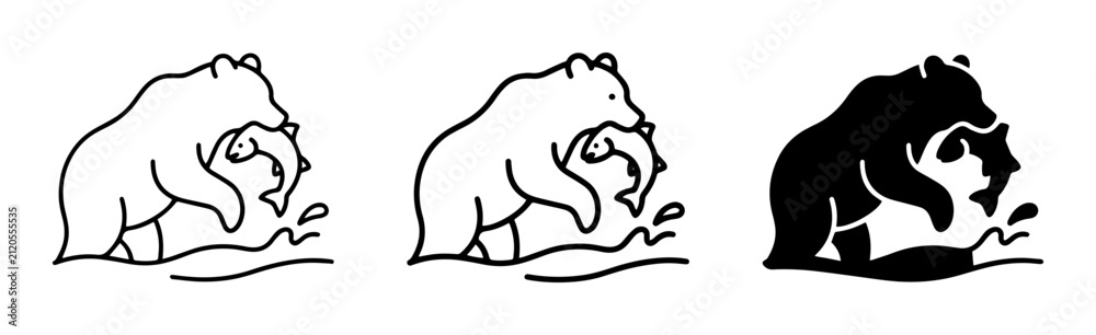 Fototapeta premium Bear Catching Fish Vector Icons, Wildlife Hunting Silhouette, Nature Scene Graphics