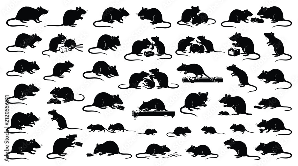 Fototapeta premium Dynamic Vector Collection of Rat and Mouse Silhouettes in Various Poses