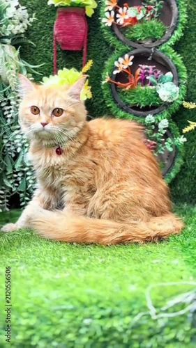 Ginger cat sitting on artificial grass background
