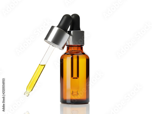 Amber glass dropper bottle with serum or essential oil isolated on white background