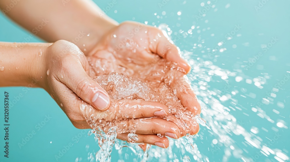 Fototapeta premium Hands catching clear water splashing, depicting freshness, hygiene, and natural skincare against a turquoise background