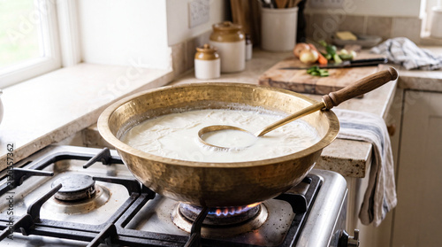 A wide brass bowl of milk reducing slowly over a low gas flame with a skin forming at the edge and a long-handled ladle propped on the rim