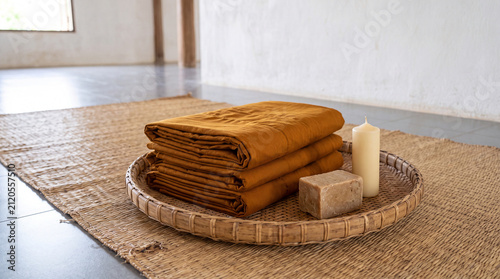 Folded ochre monastic robes stacked on a woven tray with a bar of soap and a candle, set on a mat ready to be offered