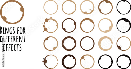 Coffee stain ring collection featuring brown tea cup mark vector textures dirty splatters and liquid circle overlays