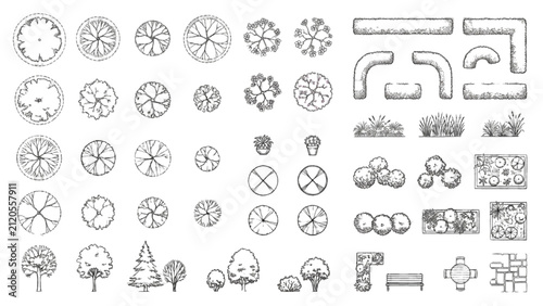 Landscape Architecture CAD Blocks Top View Plant Symbols Vector Collection Set