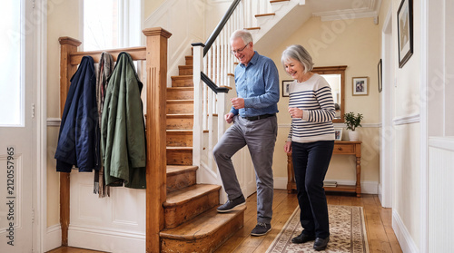 A smiling older couple do step-ups on the bottom stair of their hallway with coats hanging on the newel post