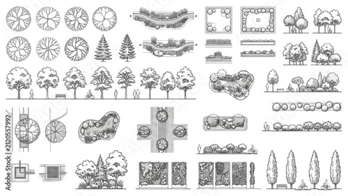 Landscape Architecture CAD Blocks Plan and Elevation Monoline Vector Collection Set