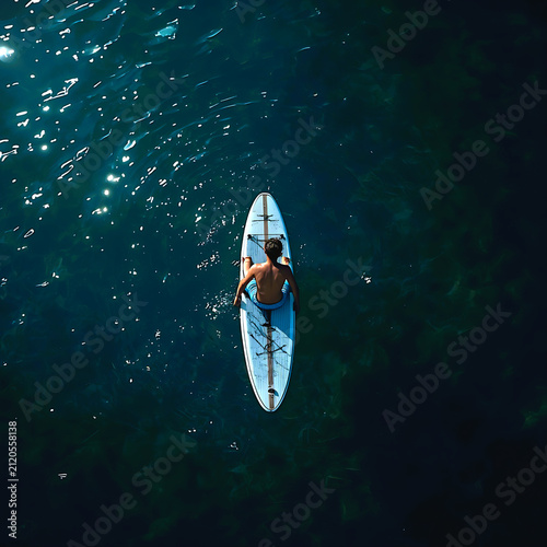Man paddle boarding on deep blue ocean. Aerial view of person on a stand up paddle board.