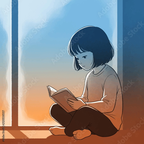 A young girl sits by a window reading a small book