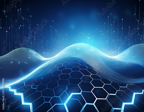 blue background with glowing white hexagons and flowing digital wave patterns