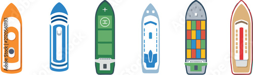 Top view boat vector set featuring cargo ship yacht cruise liner tanker container vessel flat marine icons