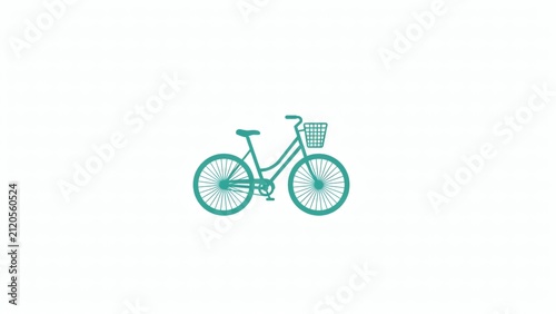 Minimalist teal bicycle icon with front basket design on solid white background with storage basket centered
