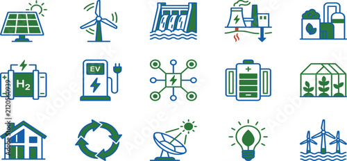 Quadro su tela Set of green energy and sustainable technology icons representing renewable powe