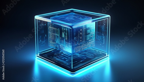 3d glass data cube with neon code and blue interface