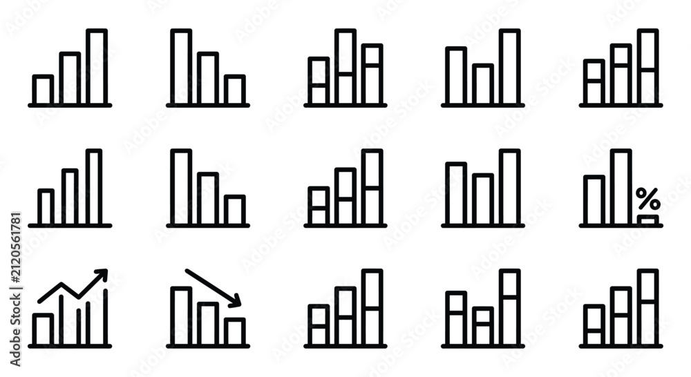 Obraz premium Set of fifteen outline business icons displaying various bar chart configurations for data analysis trend tracking and financial reporting business analytics