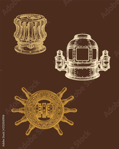 Foto ship steering and engineering mechanisms, brass binnacle hood, cogged capstan dr