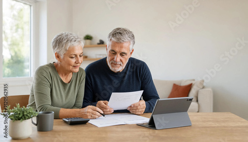 Senior couple reviewing financial documents at home