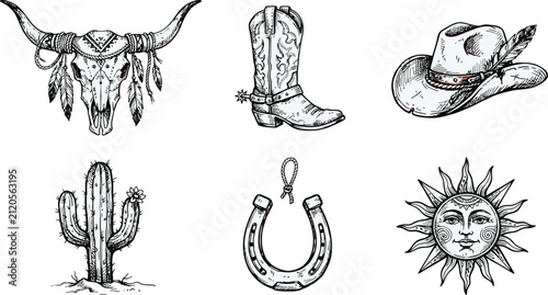 Western icon set with cowboy elements. Hand drawn wild west symbols and ranch graphics.