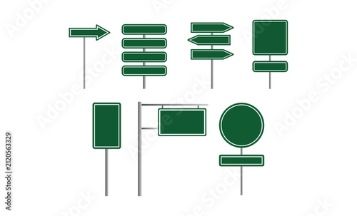 Highway Traffic Sign Collection with Blank Green Direction Boards.