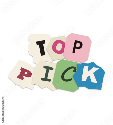 Top pick text made from colorful torn paper scraps